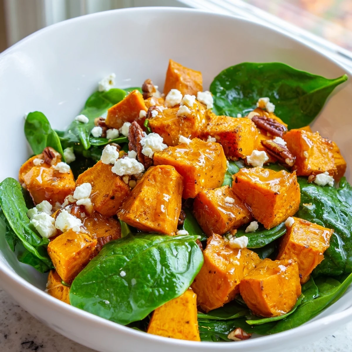 Vibrant roasted sweet potato salad with caramelized onions, pecans, and avocado in a fresh bowl.