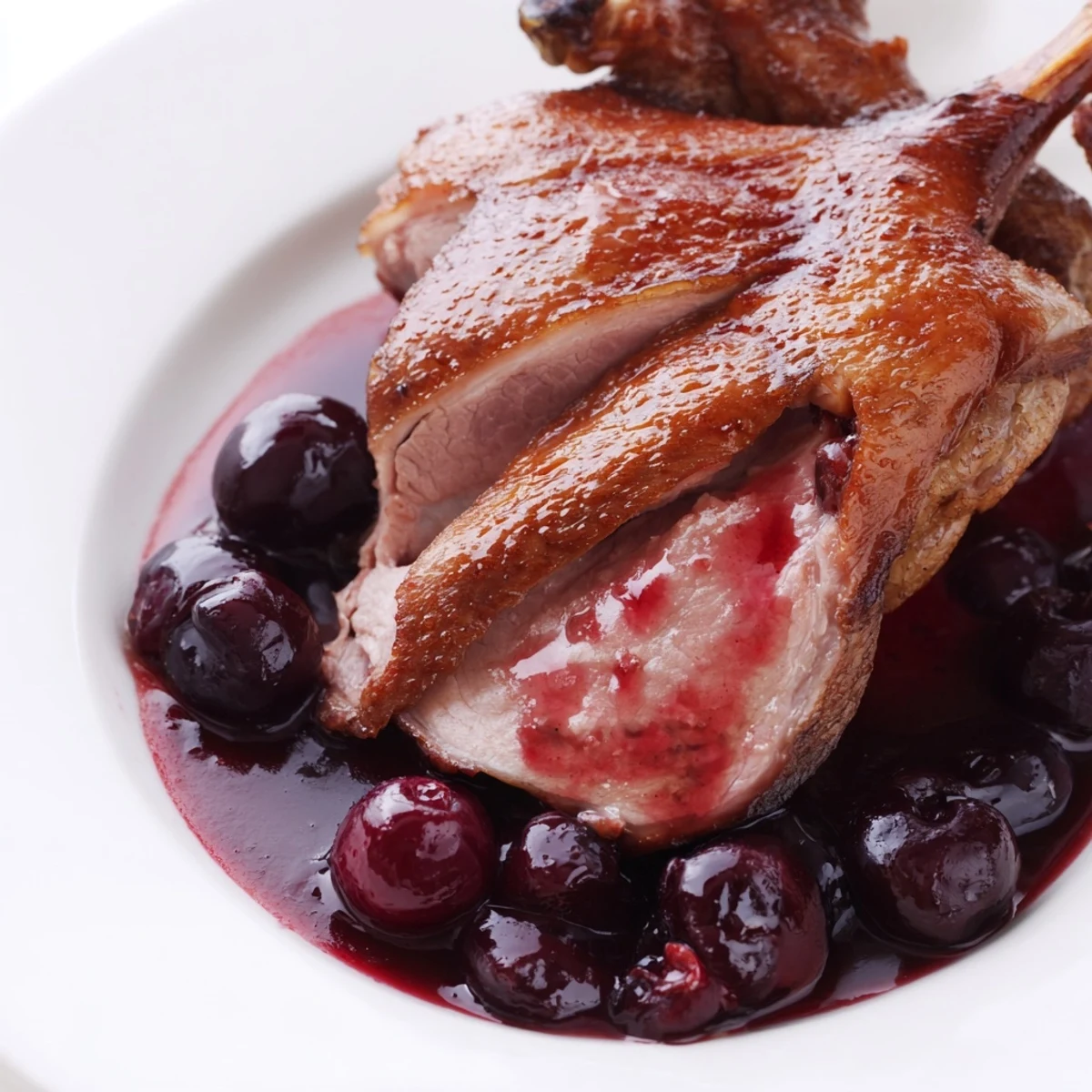 Golden-brown Romantic Roasted Duck with Cherry Sauce rests on a platter, its skin glistening and sauce pooling beside it.