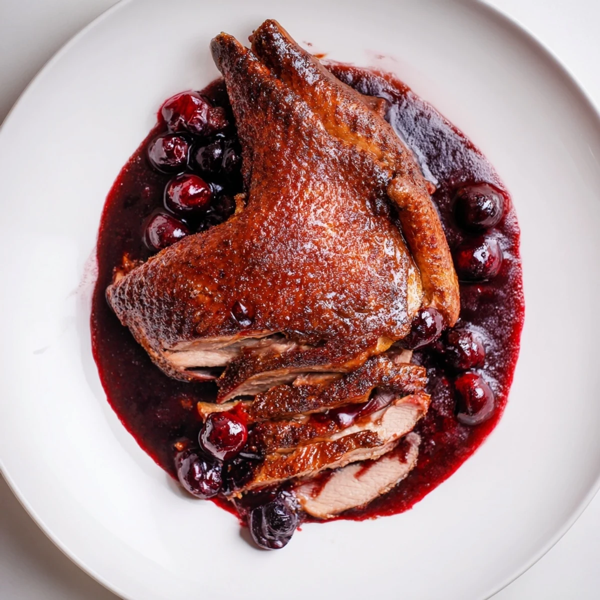 A close-up of Romantic Roasted Duck with Cherry Sauce, featuring crispy skin and a rich, dark cherry sauce garnished with thyme.