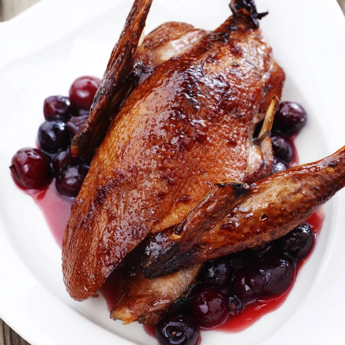 Sliced Romantic Roasted Duck with Cherry Sauce showcases tender, juicy meat, paired elegantly with a vibrant, glossy red cherry drizzle.