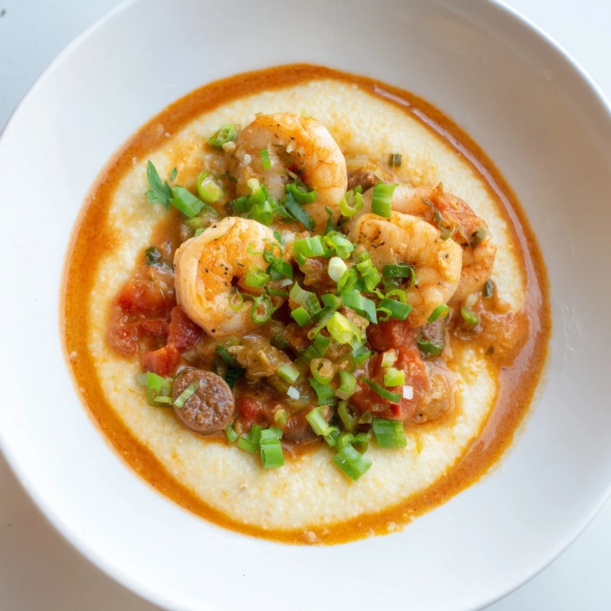 Creamy cheddar grits topped with saucy Creole shrimp and diced tomatoes, served steaming in a rustic bowl.
