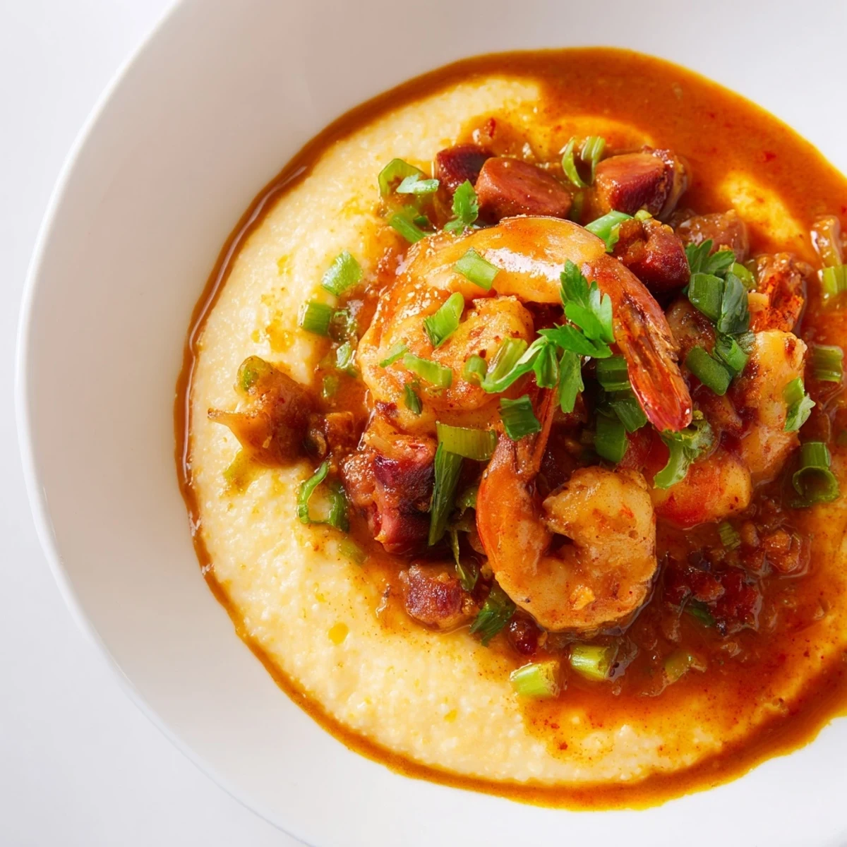 Spicy Creole shrimp and grits garnished with green onions and parsley, ready to enjoy at a cozy dinner table.