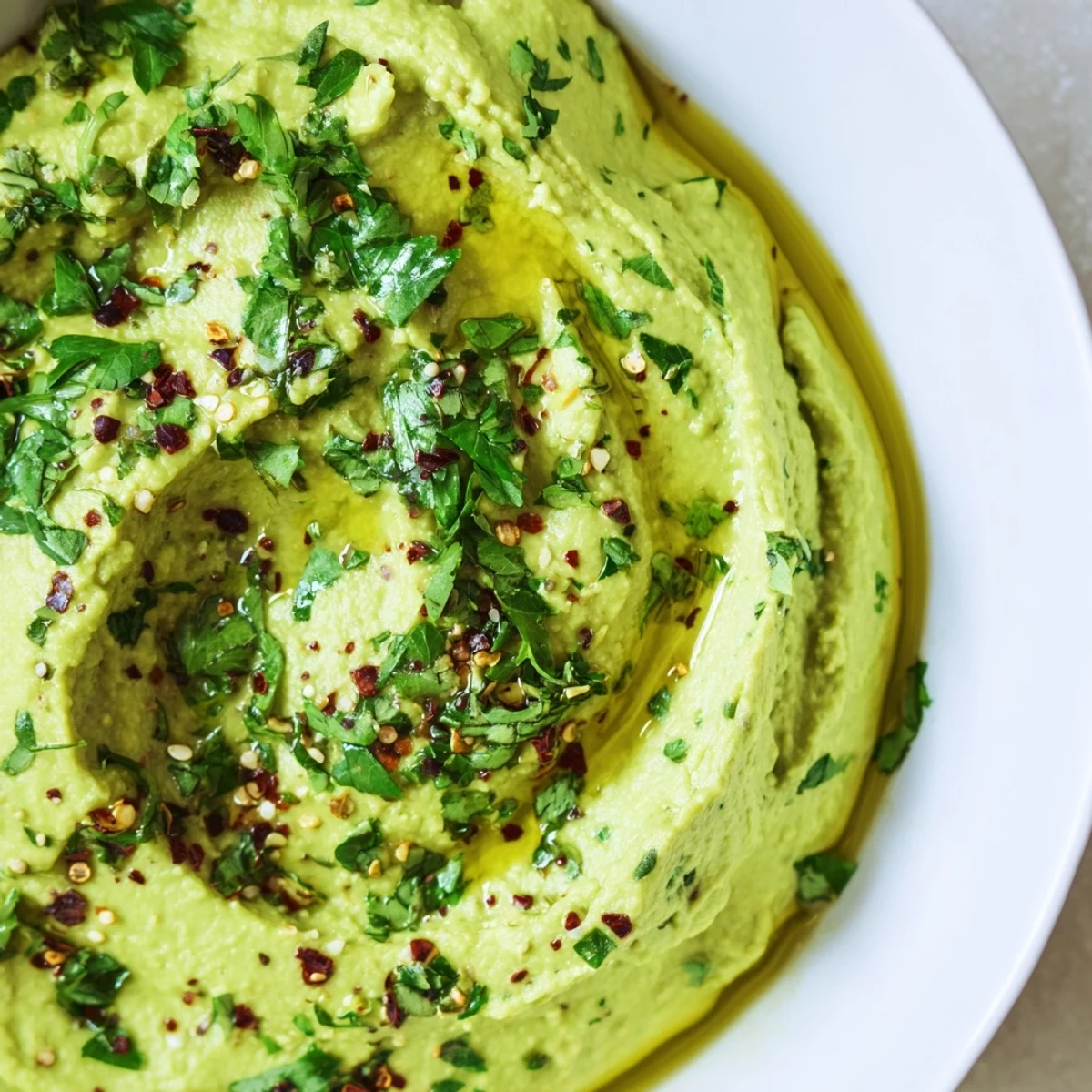 A bowl of vibrant green avocado hummus topped with olive oil, surrounded by warm pita wedges and fresh vegetable sticks.