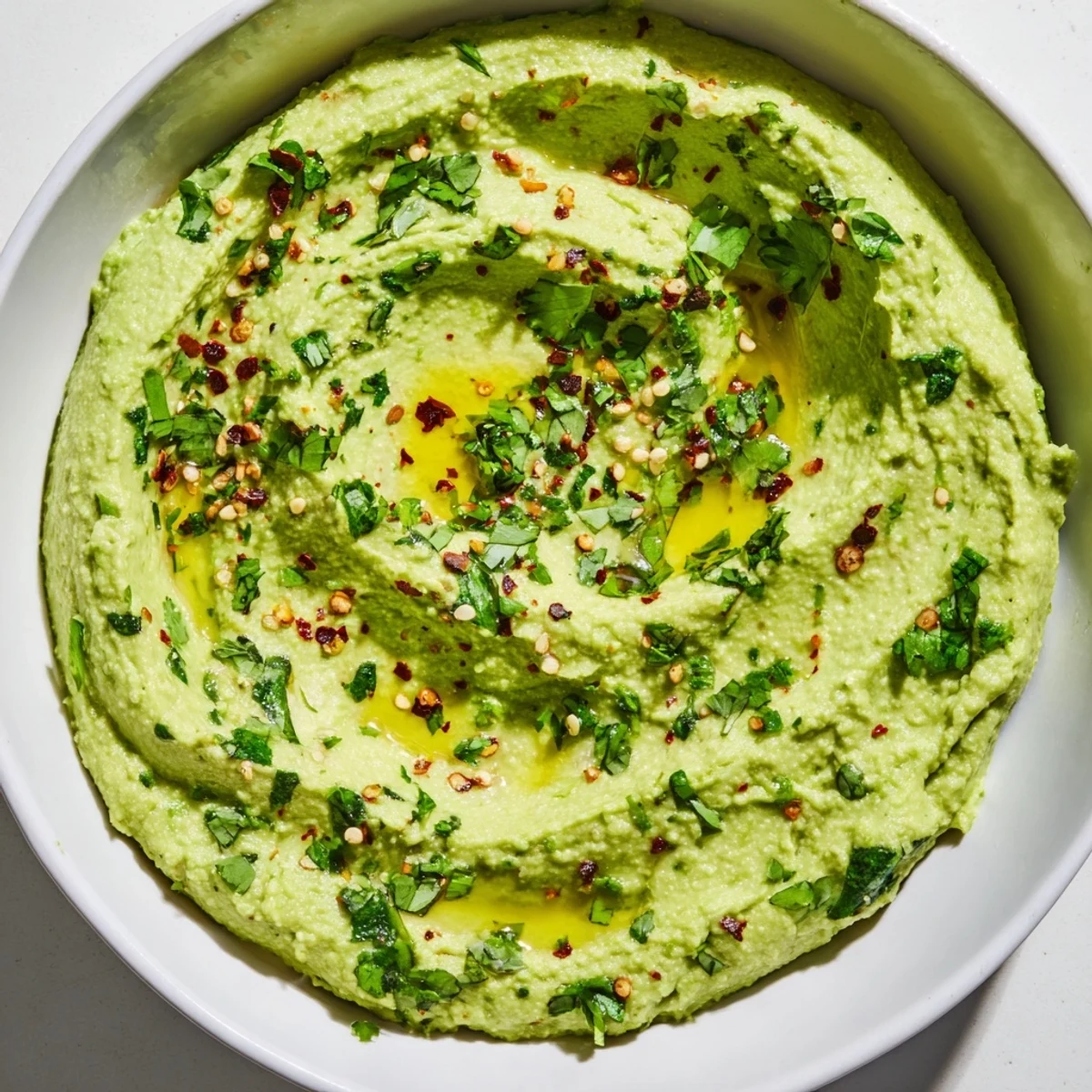 Creamy green avocado hummus dip in a rustic serving bowl, with charred pita triangles and cilantro garnish on a wooden table.