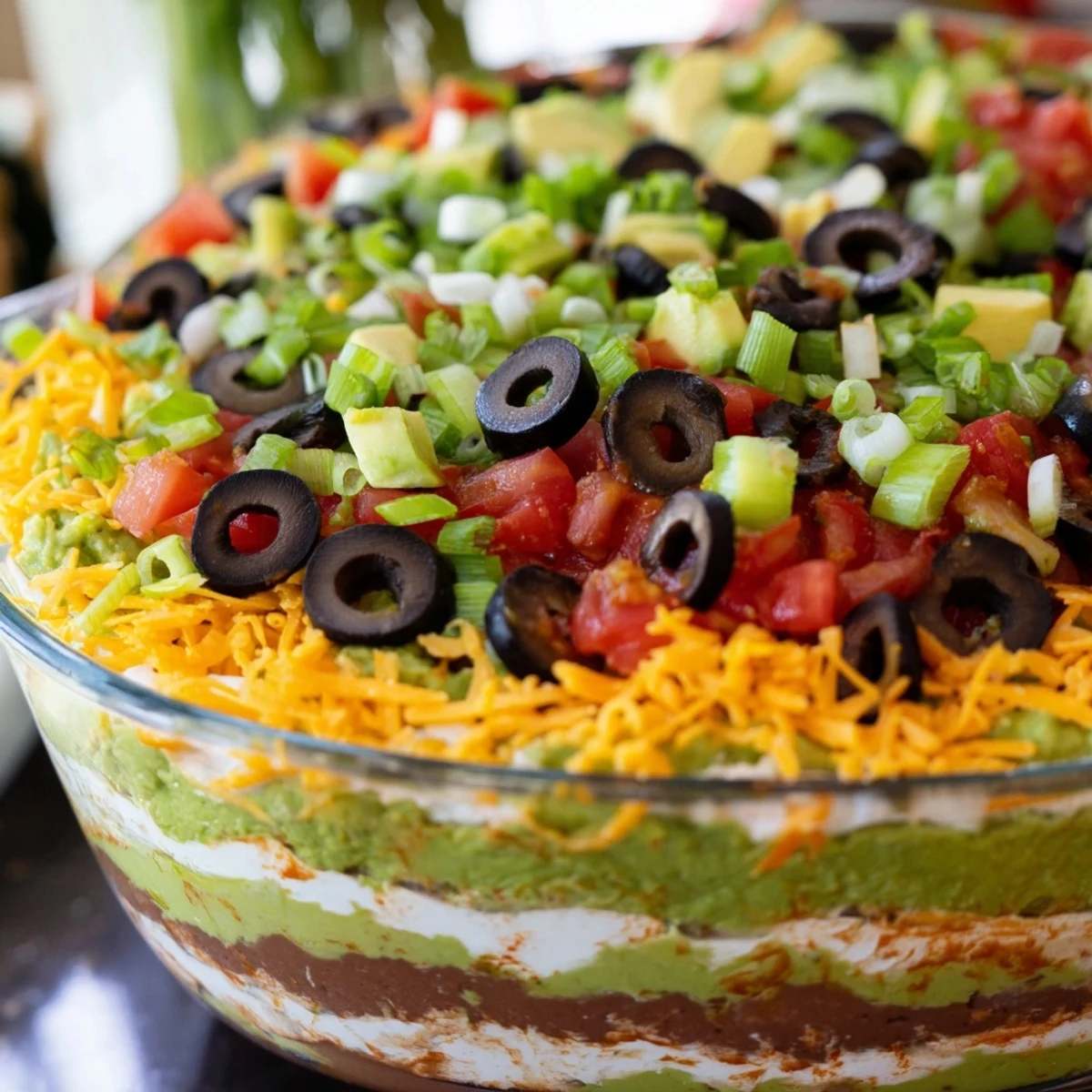A vibrant Touchdown Tex Mex Layer Dip with creamy guacamole, melted cheddar, and fresh toppings served with tortilla chips for game day.