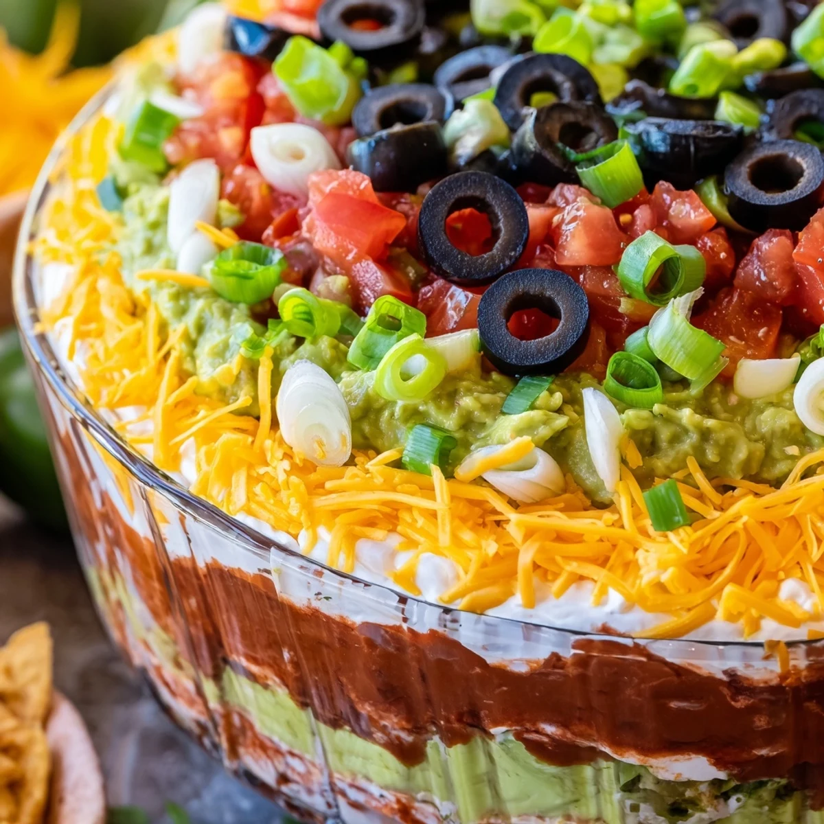 In a glass dish, a generous Touchdown Tex Mex Layer Dip is topped with black olives, tomatoes, and green onions, perfect for a festive gathering.