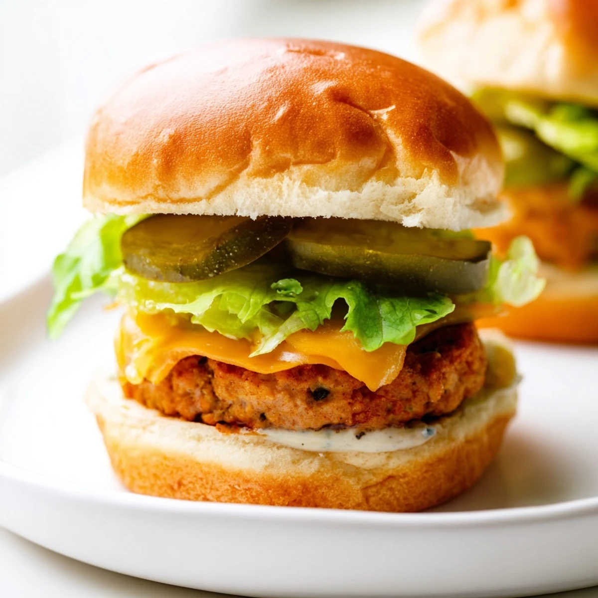 Golden-brown Touchdown Turkey Burger Sliders with Pickle on a platter, garnished with fresh lettuce and ready for game day.