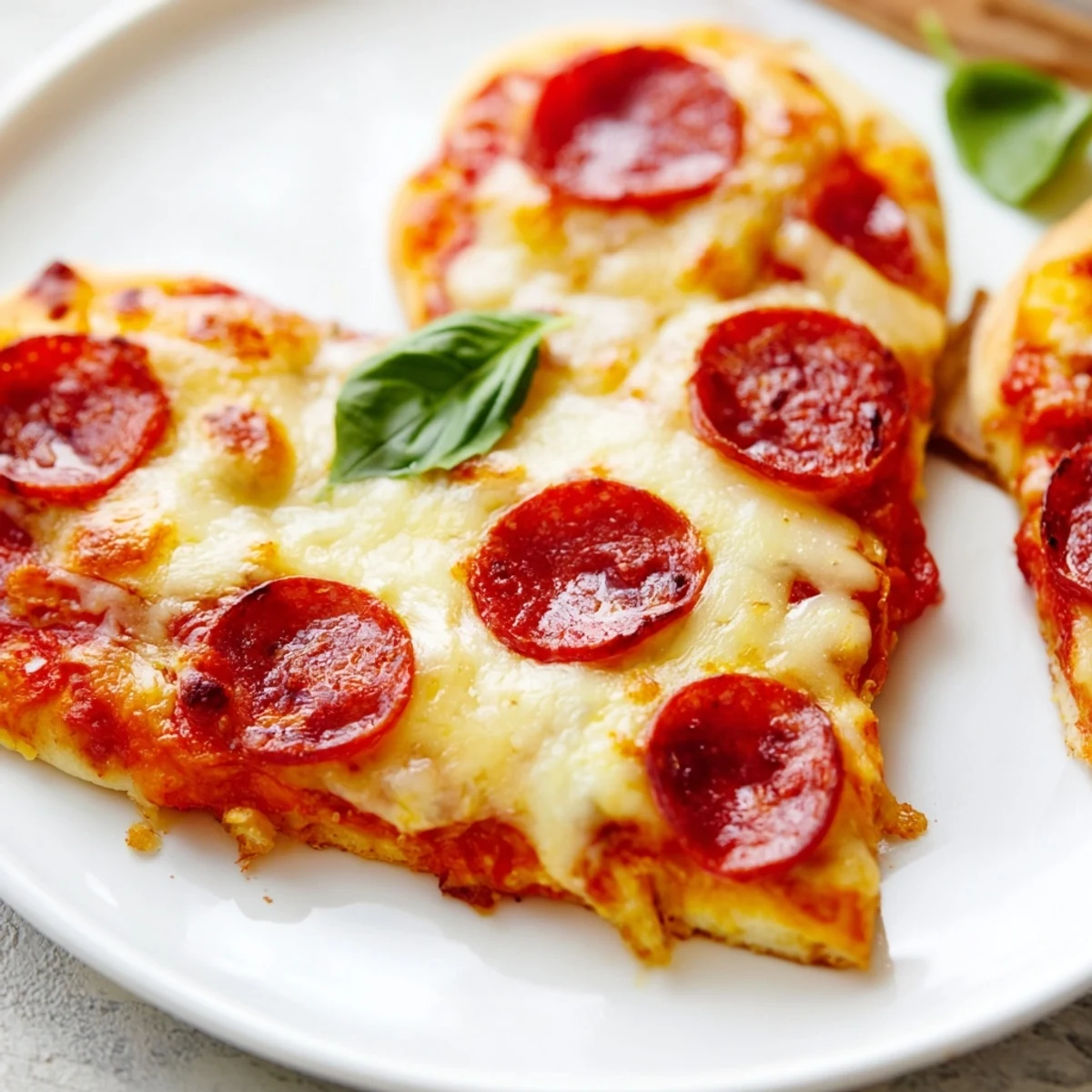 Close-up of Heart Shaped Pepperoni Pizza garnished with fresh basil, sliced on a wooden board for a family dinner.