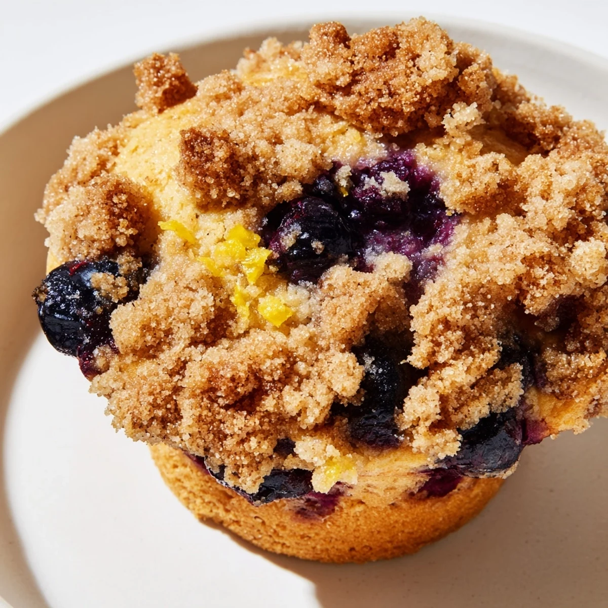 A close-up view of a fresh Lemon Blueberry Muffin Top, revealing juicy blueberries and a zesty lemon crumb topping on a rustic wooden board.  