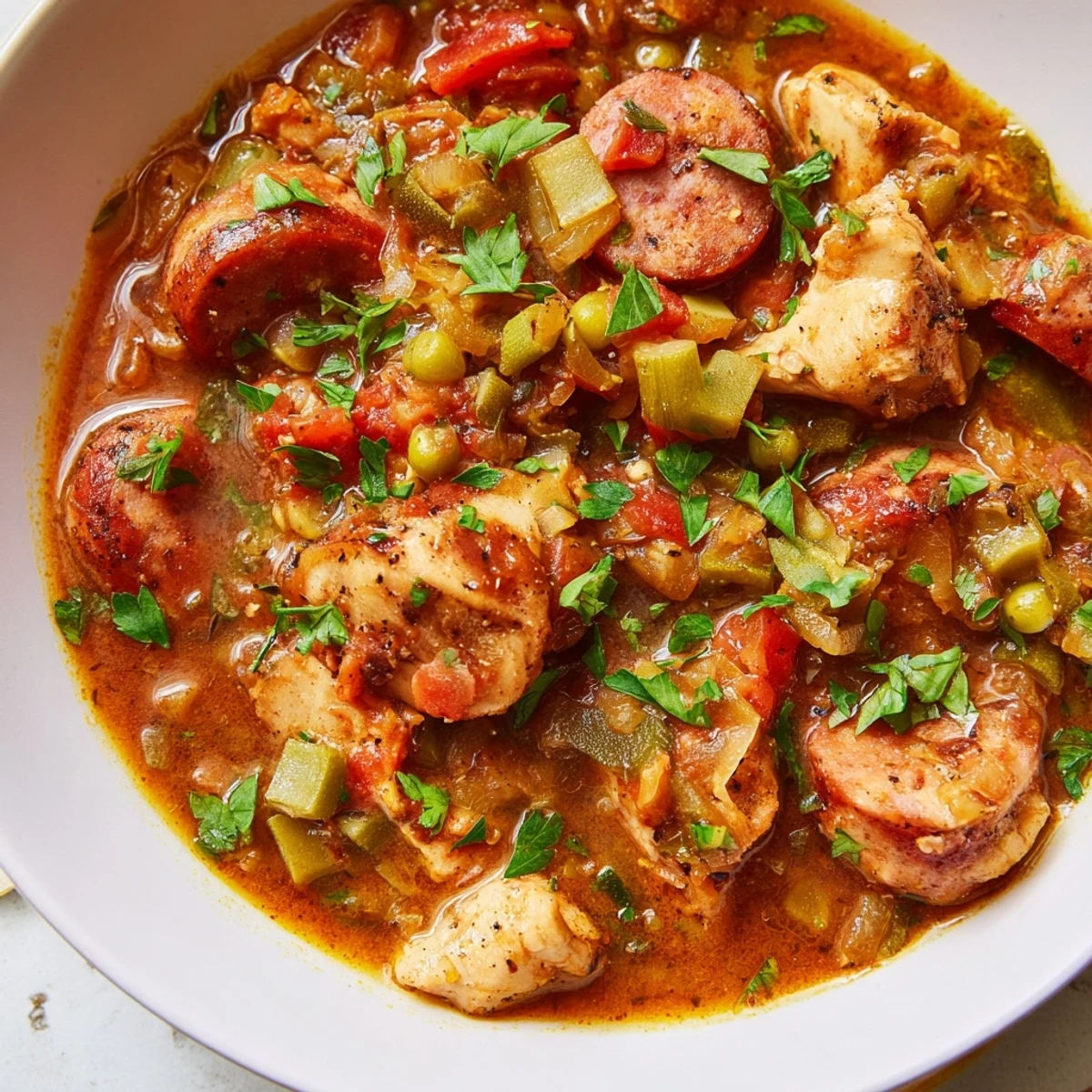 Simmering Mardi Gras Chicken Gumbo with okra in a rustic pot, ready to serve over steamed white rice.