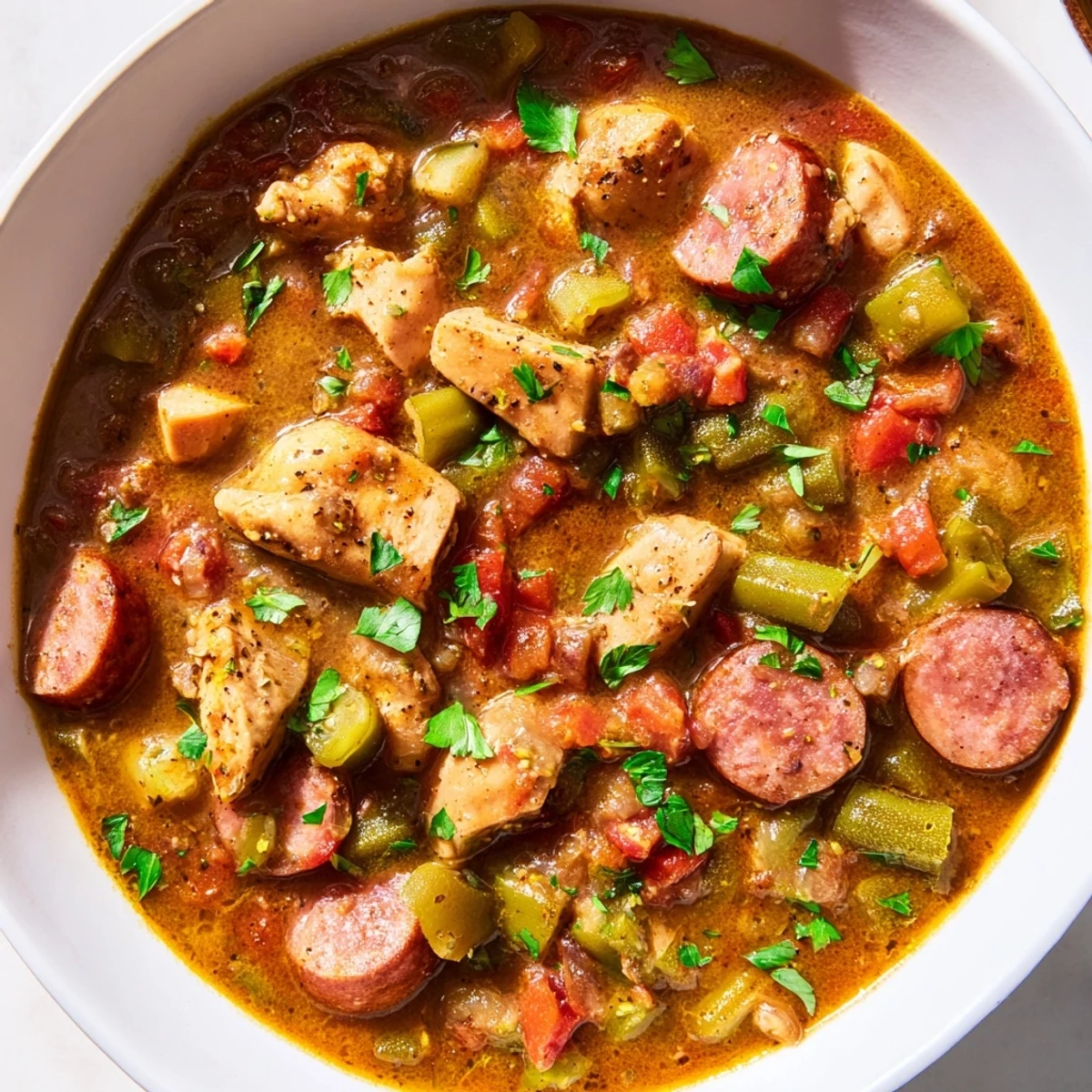 A hearty bowl of Mardi Gras Chicken Gumbo, featuring tender chicken, sausage, and fresh okra in a rich broth.