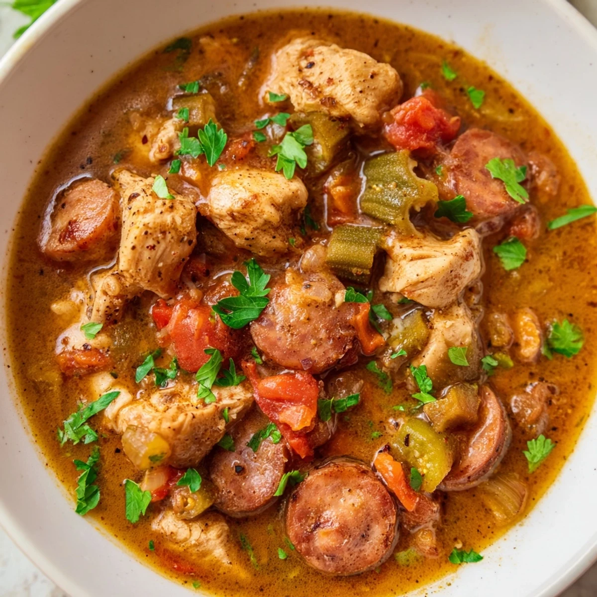 Mardi Gras Chicken Gumbo with okra steaming in a Dutch oven, garnished with parsley for a festive Louisiana meal.