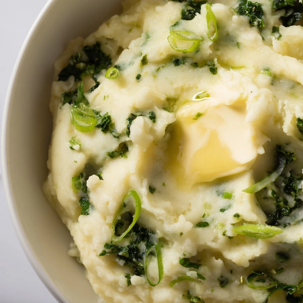 Creamy Irish Colcannon mounds featuring fluffy potatoes, sautéed kale, and fresh scallions, topped with a melting pat of butter.  