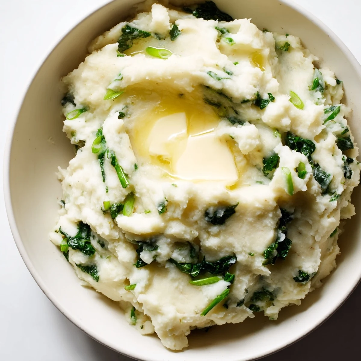 Golden mashed potatoes swirled with vibrant green kale and tender scallions, ready to serve hot as a comforting Irish Colcannon side dish.  