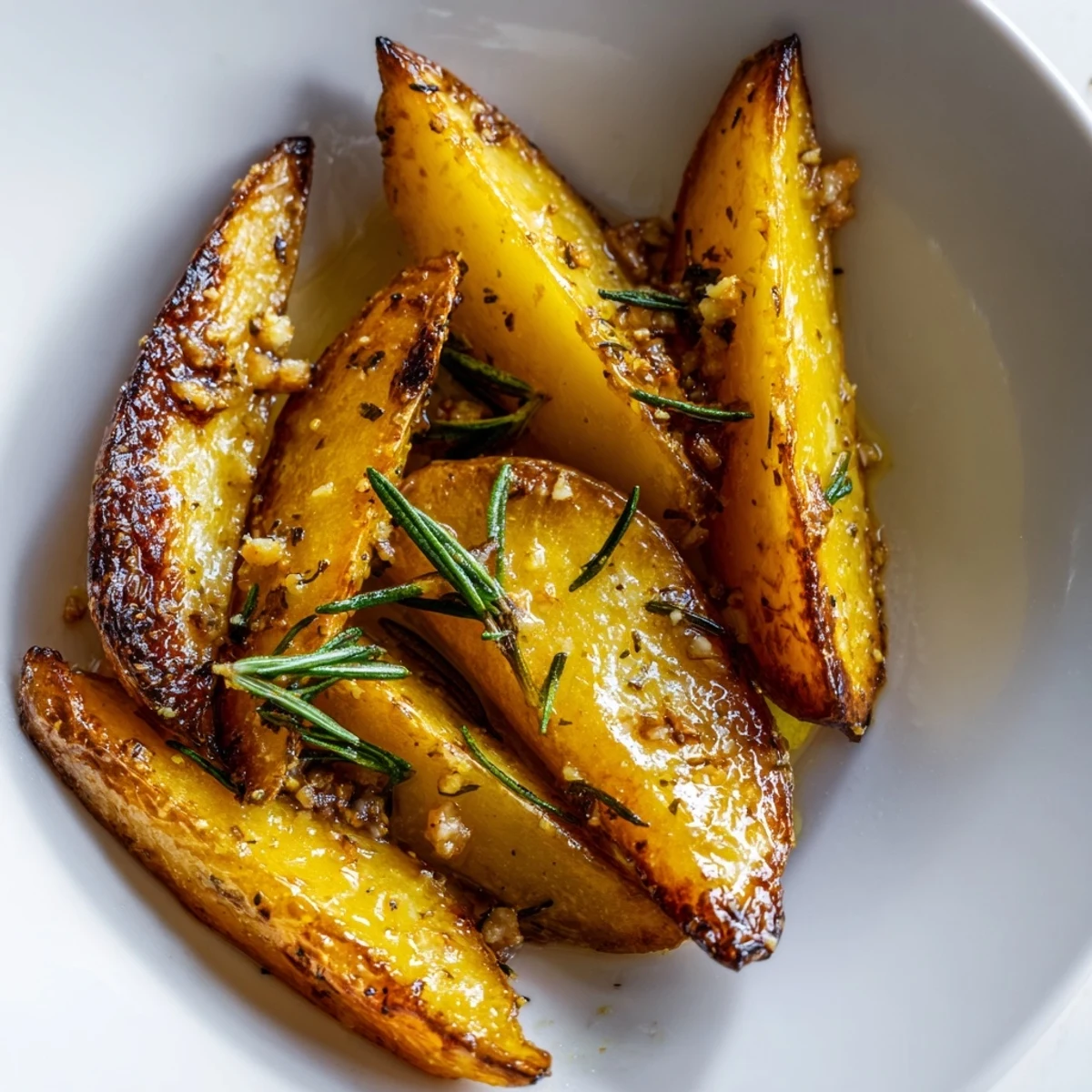 Crisp-edged Lemon Potatoes with Fresh Rosemary on a rustic platter, perfect for a Mediterranean dinner.  