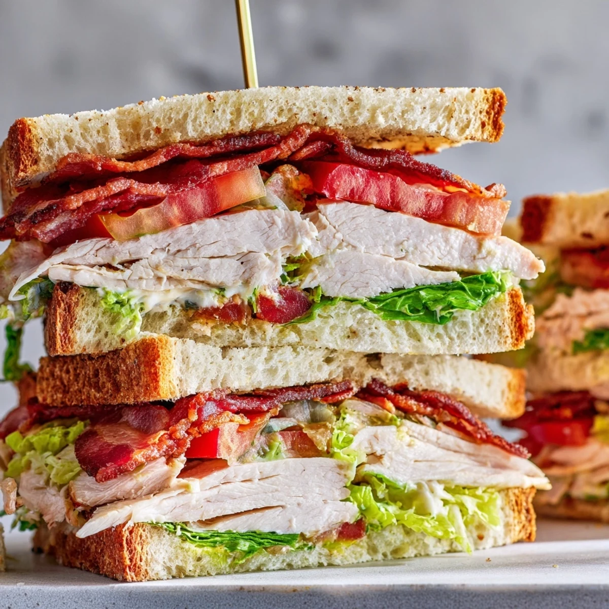 Golden toasted bread layered with tender turkey breast, crispy turkey bacon, fresh romaine lettuce, and ripe tomato slices with a spread of mayonnaise.  