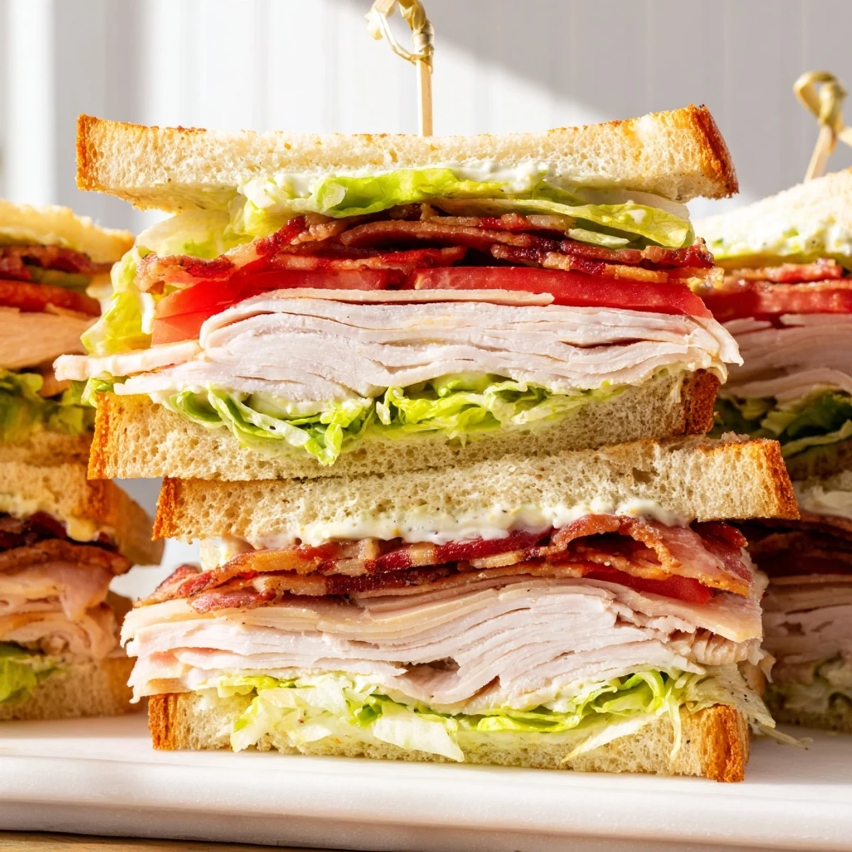 A close-up of the finished turkey club sandwich with a side of dill pickles and a garden salad, perfect for a satisfying lunch.  