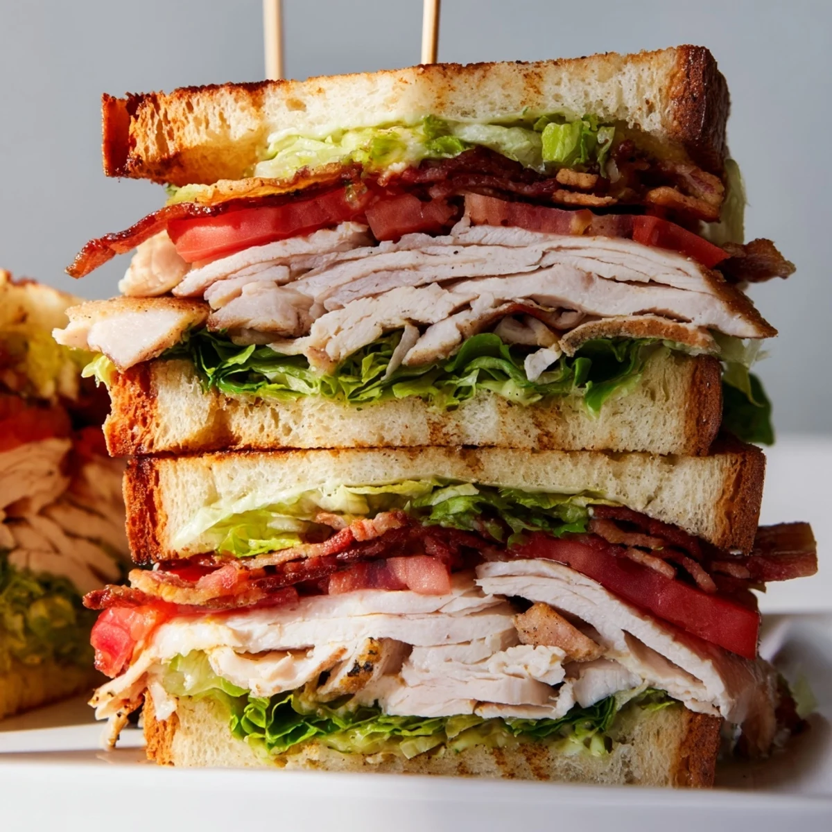 Freshly assembled triple-decker turkey club sandwich on whole wheat bread, featuring layers of savory turkey bacon and sliced tomatoes.
