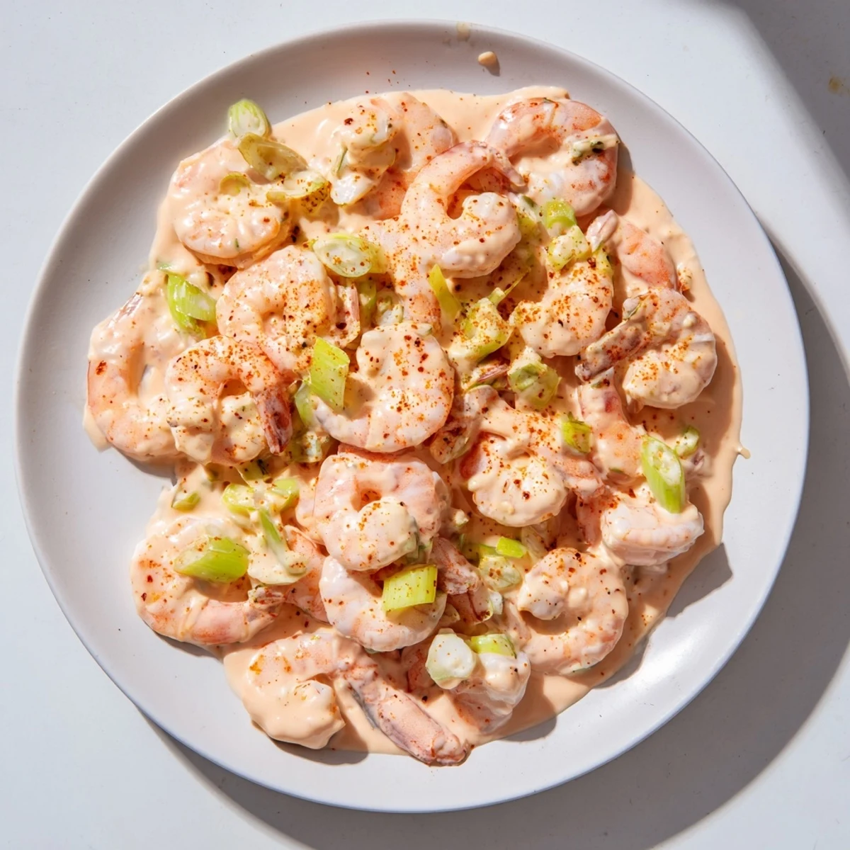 Sizzling sautéed shrimp glisten beside a creamy, speckled bowl of Cajun Remoulade Sauce, garnished with fresh celery and scallions.