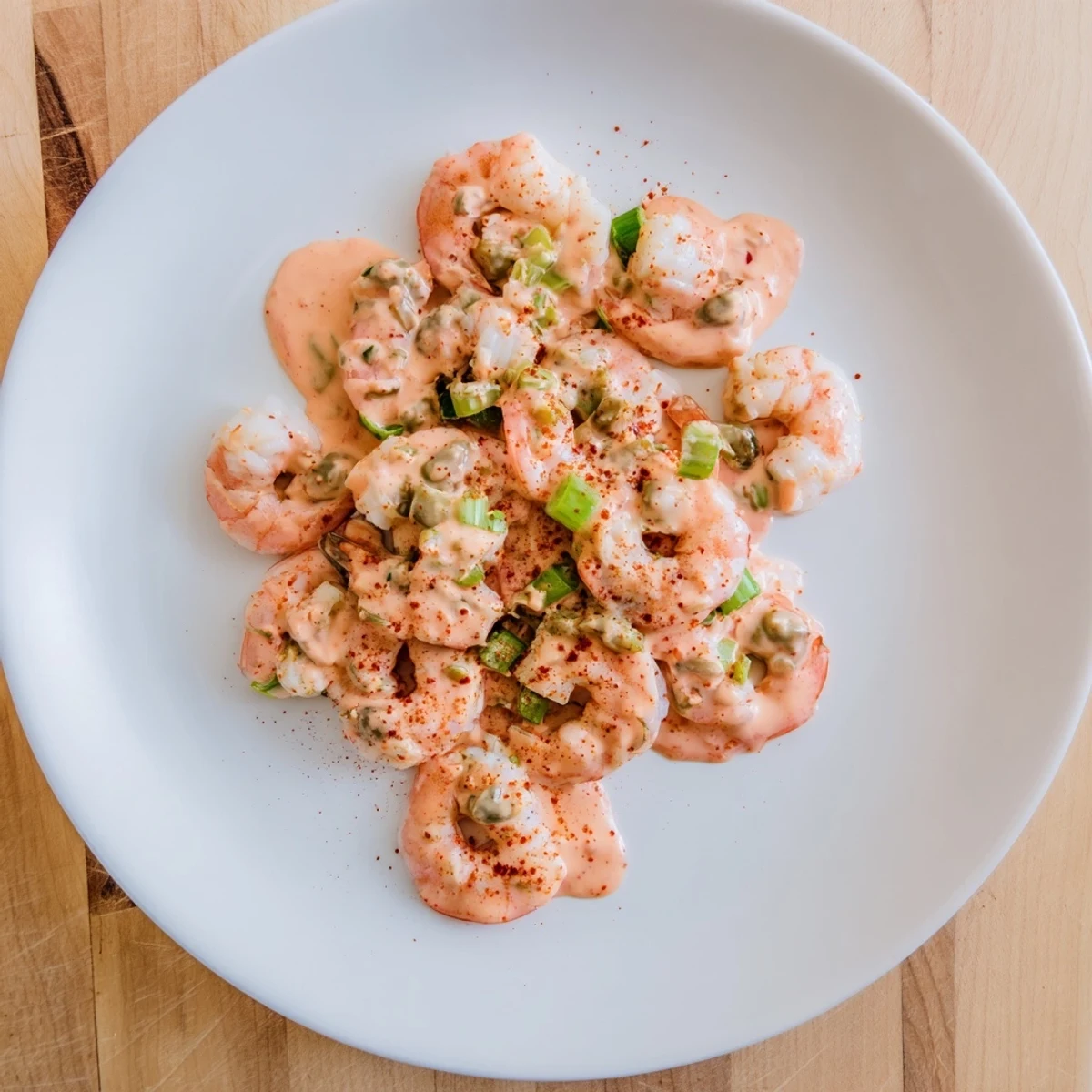 A close-up view of plump shrimp next to a creamy, reddish-orange Cajun Remoulade Sauce, perfect for appetizers.