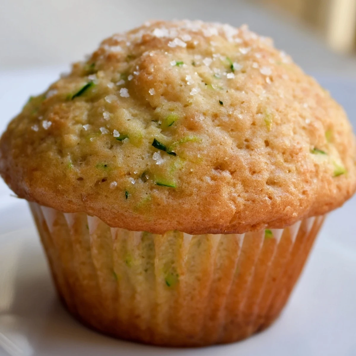 Freshly baked Green Zucchini Muffins with moist crumbs, flecked with green zucchini and a hint of warm cinnamon.  