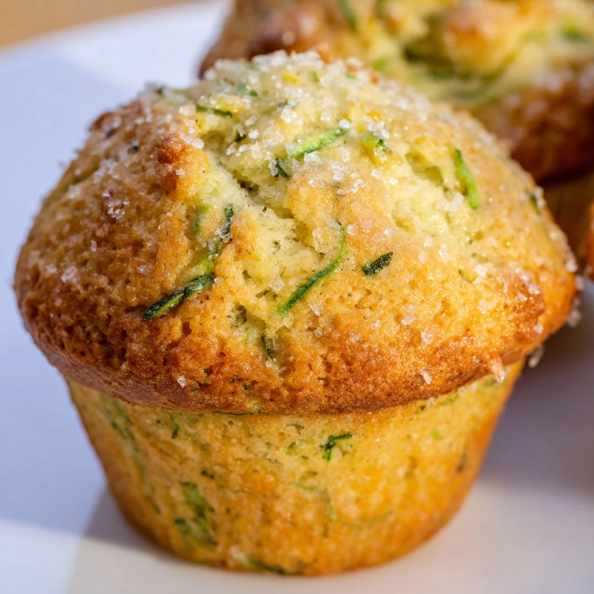 Golden Green Zucchini Muffins stacked on a plate, perfect for breakfast or a wholesome afternoon snack with a cup of coffee.