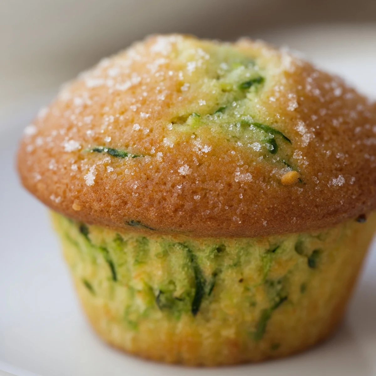 Warm Green Zucchini Muffins on a wire rack, some topped with chopped walnuts and a sprinkle of coarse sugar.  
