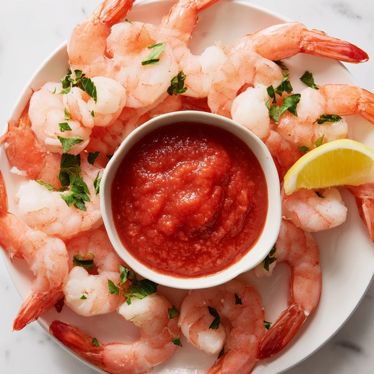 Succulent shrimp, tails on, chilled and arranged in elegant glasses with a dollop of zesty, red cocktail sauce for a romantic appetizer.