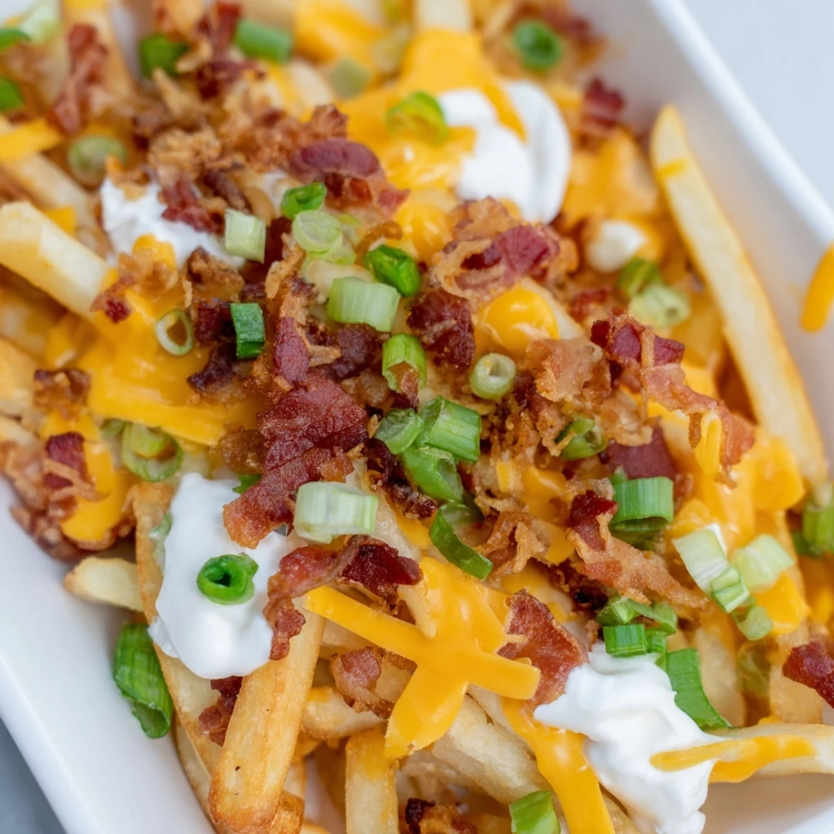 Crispy golden fries smothered in melted cheddar, topped with bacon crumbles and green onions for Game Day Loaded Fries.