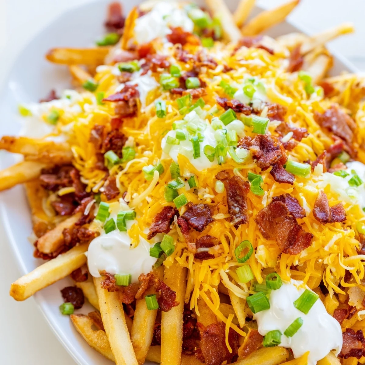 A close-up of bubbling cheese and sour cream dollops crowning Game Day Loaded Fries, perfect for a crowd-pleasing snack.