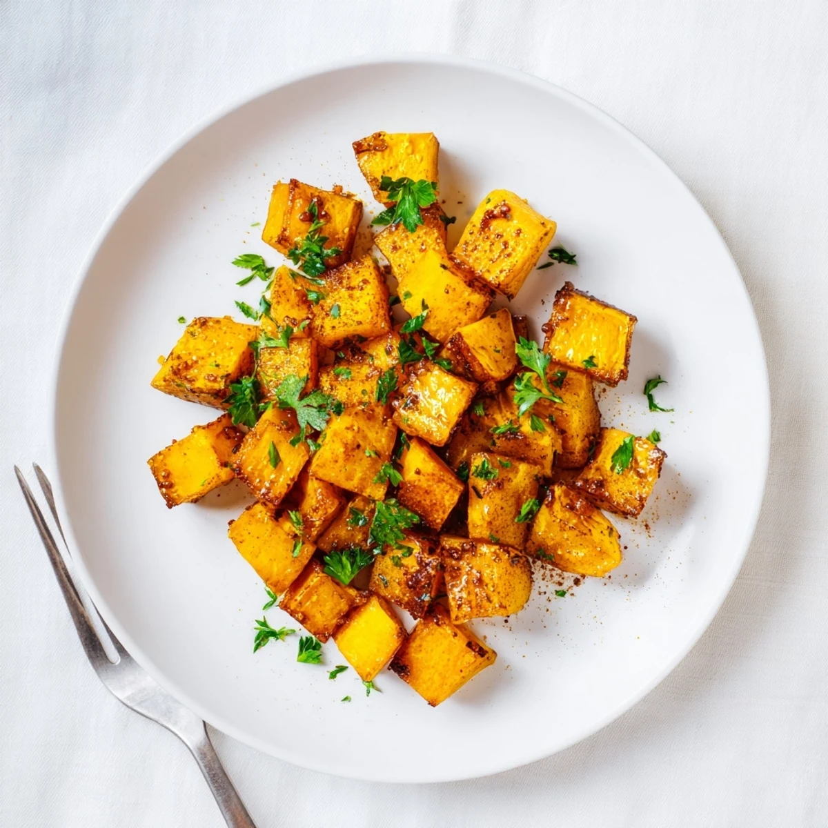 Tender roasted butternut squash cubes glistening with maple glaze, served warm as a vibrant autumn side dish.
