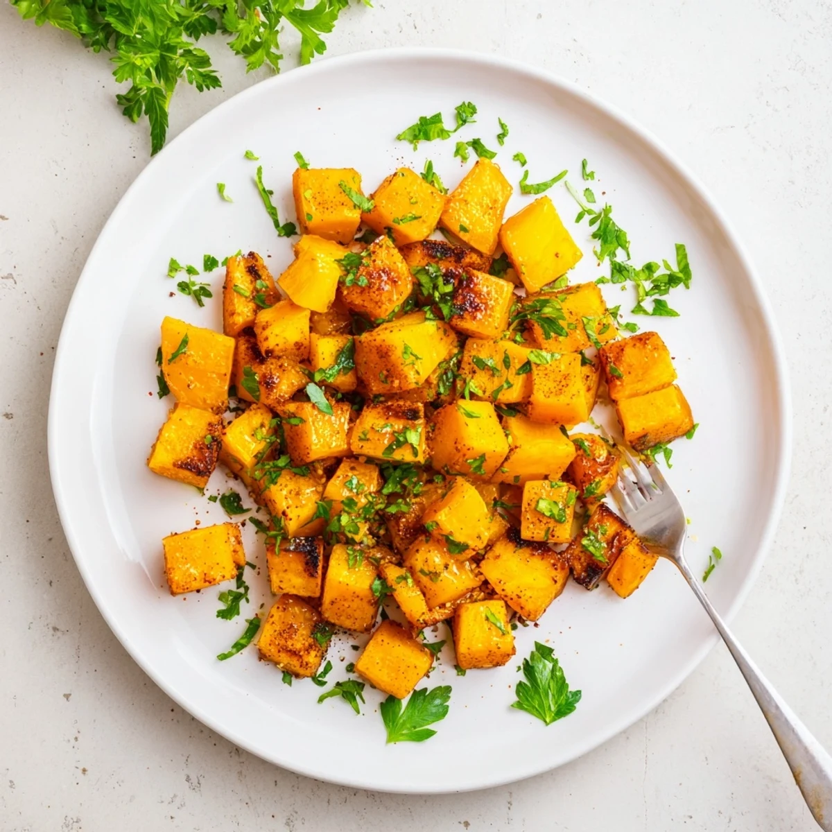 Roasted butternut squash with maple roasting on a baking sheet, golden edges and caramelized sweet aroma filling the kitchen.