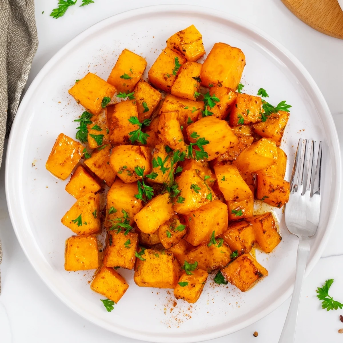Maple glazed butternut squash paired with fresh herbs, presented beautifully on a rustic plate for a cozy fall dinner.