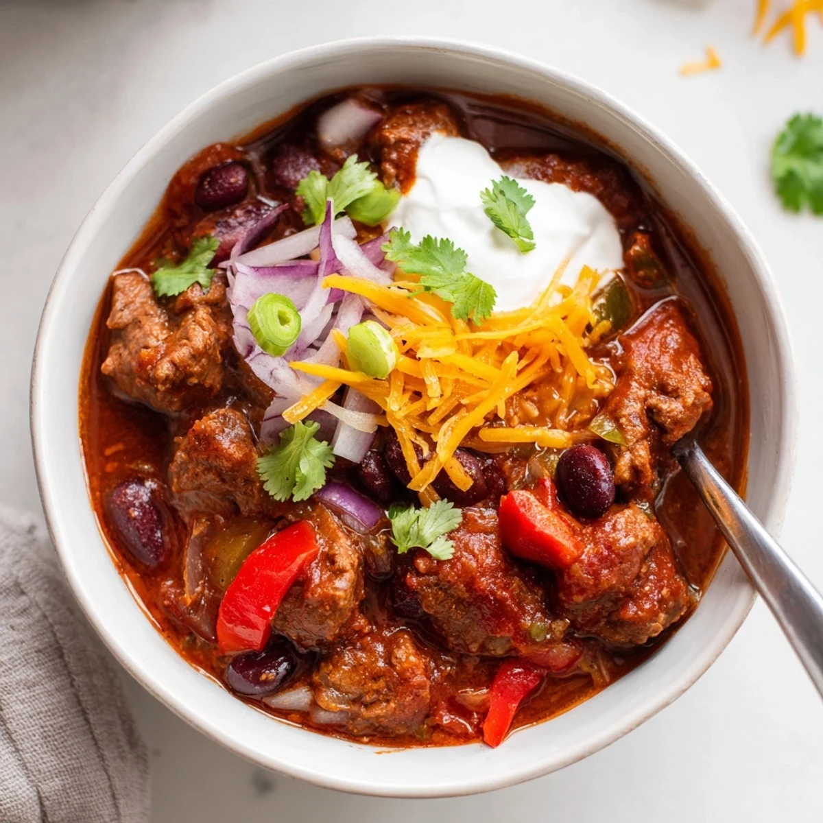 A close-up of Slow Cooker Beef Chili with Beans, featuring tender beef chunks, vibrant red beans, and fresh cilantro garnish over steamy, rich tomato sauce.  