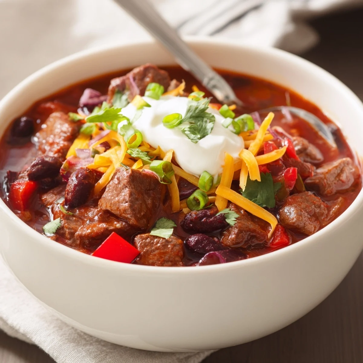 Hearty Slow Cooker Beef Chili with Beans served in a rustic bowl, topped with shredded cheddar, sour cream, and diced green onions.  