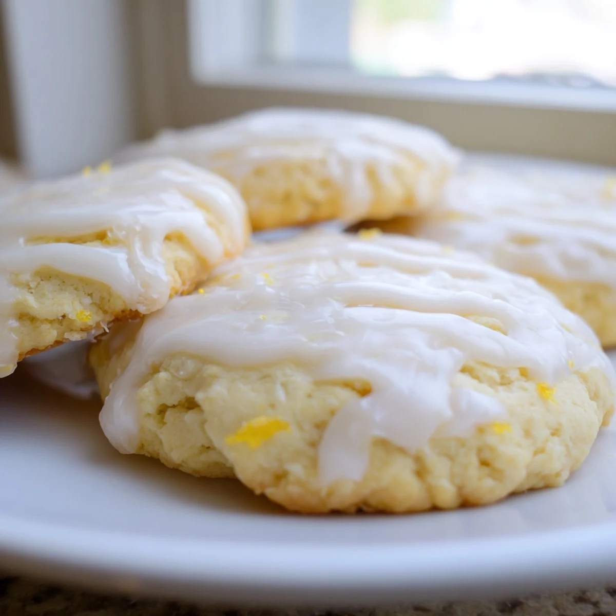 Freshly baked Lemon Ricotta Cookies with a shiny lemon glaze, stacked on a rustic wooden board.