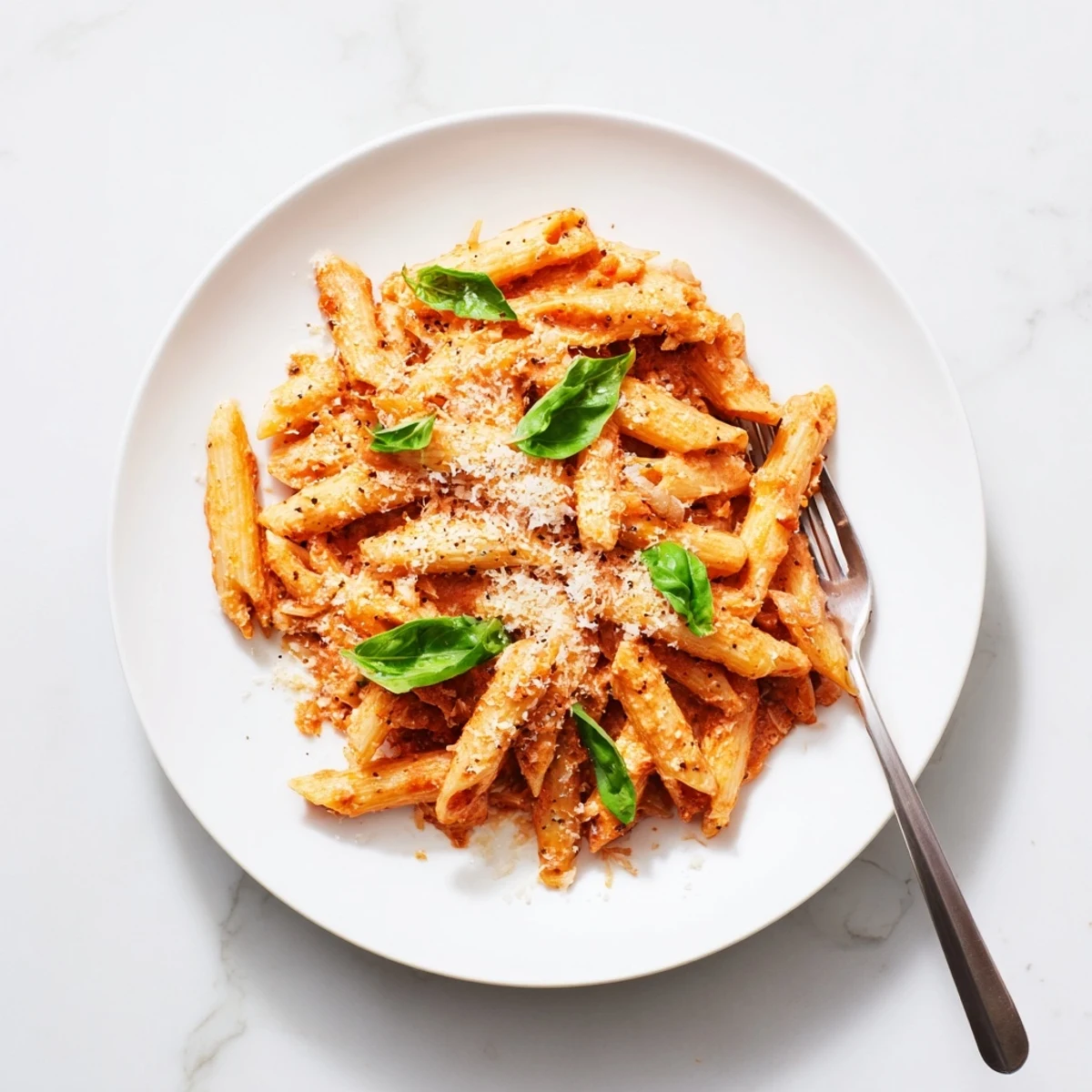 Fresh basil leaves atop creamy tomato pasta, with grated Parmesan and a fork ready to twirl.  