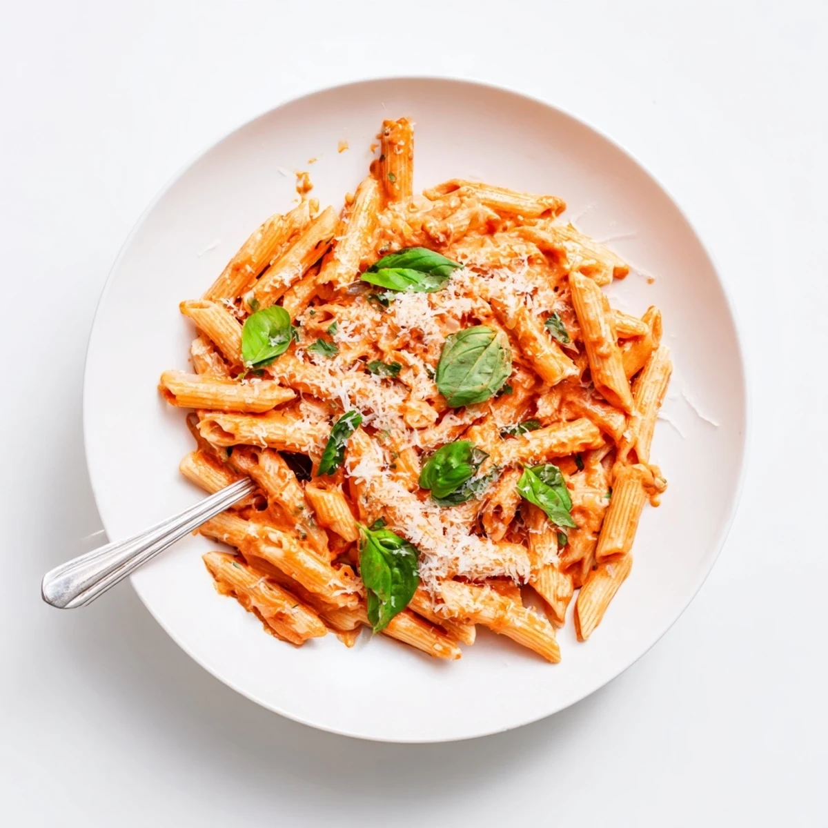 A bowl of creamy tomato pasta with fresh basil garnish, served warm for a comforting vegetarian dinner.  