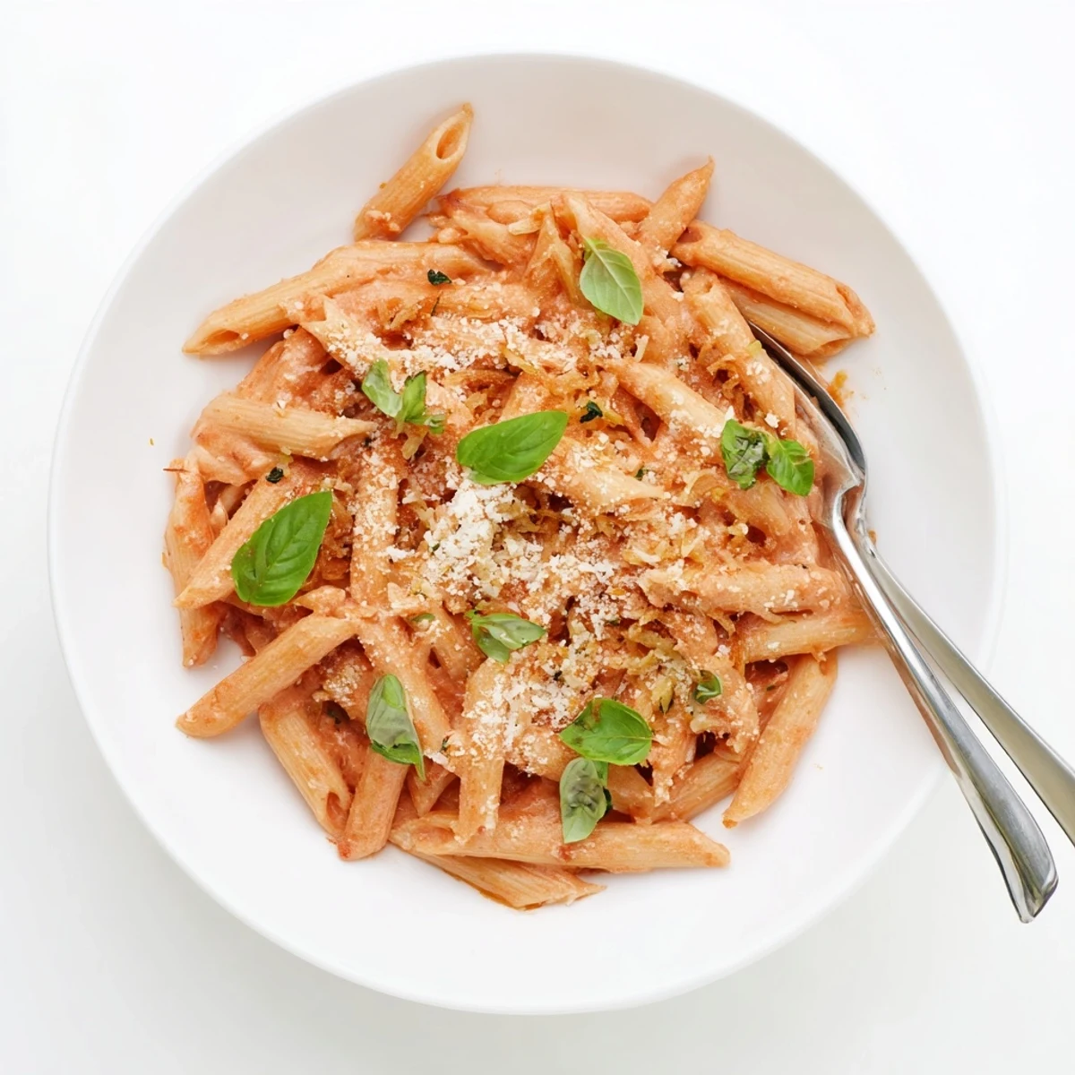 Steaming penne pasta coated in creamy tomato sauce, garnished with basil and extra Parmesan cheese.