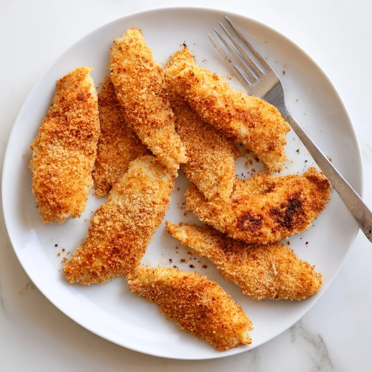 Crispy Air Fryer Chicken Tenders arranged on a plate with golden, crunchy breading and tender meat inside.