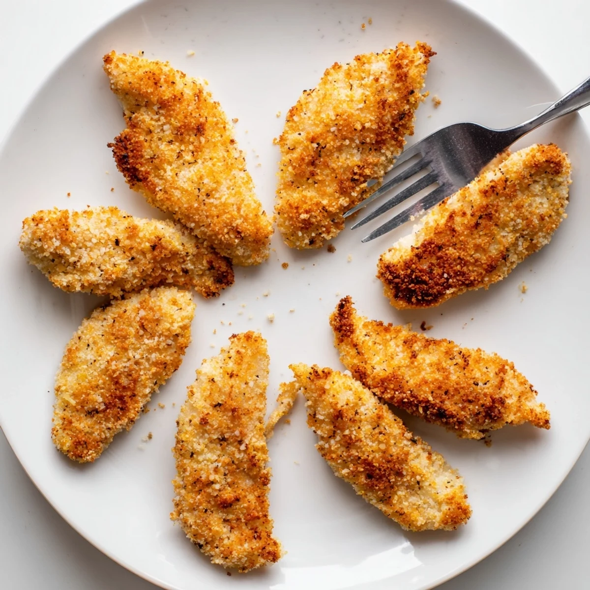 Golden-brown Crispy Air Fryer Chicken Tenders resting on parchment paper, air fryer basket visible in the background.