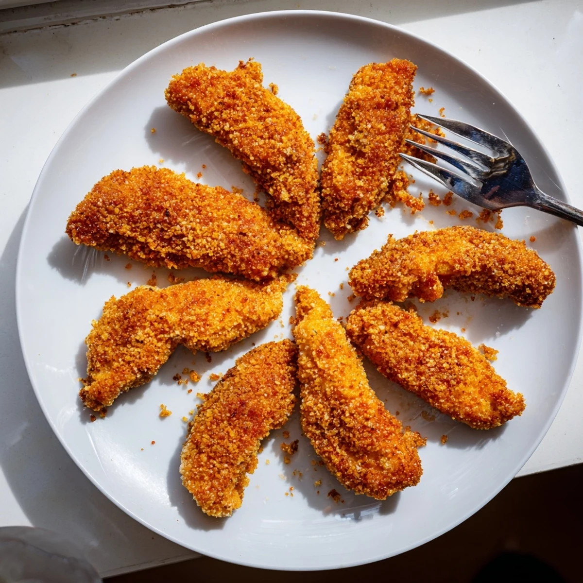Homemade Crispy Air Fryer Chicken Tenders served with ranch and honey mustard dipping sauces for a family dinner.