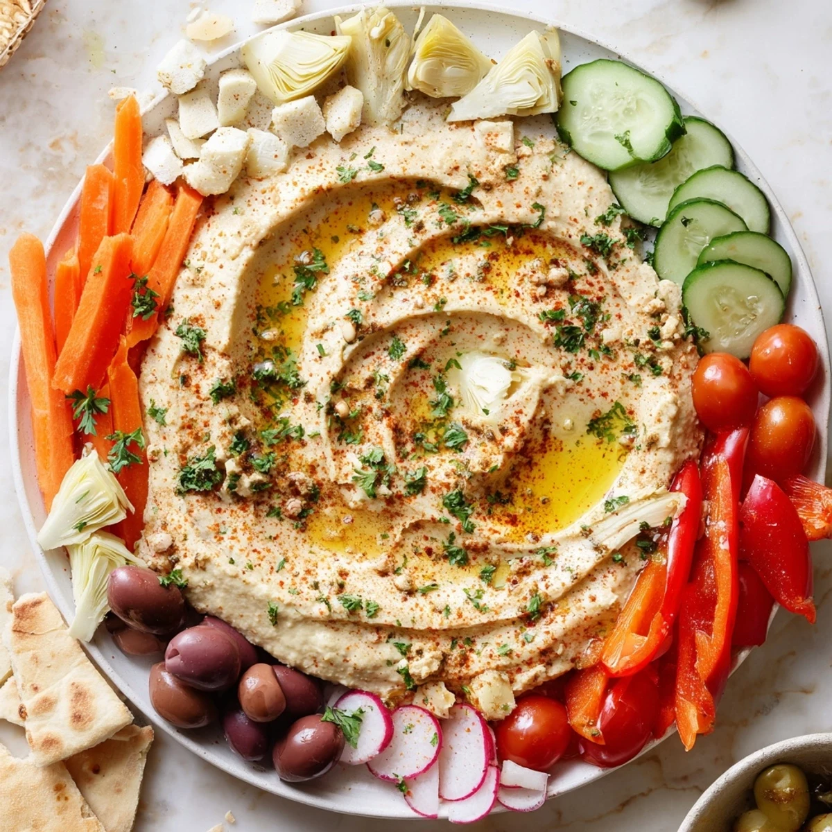 A vibrant Mediterranean Hummus Platter with creamy hummus, fresh veggies, and warm pita wedges for dipping.