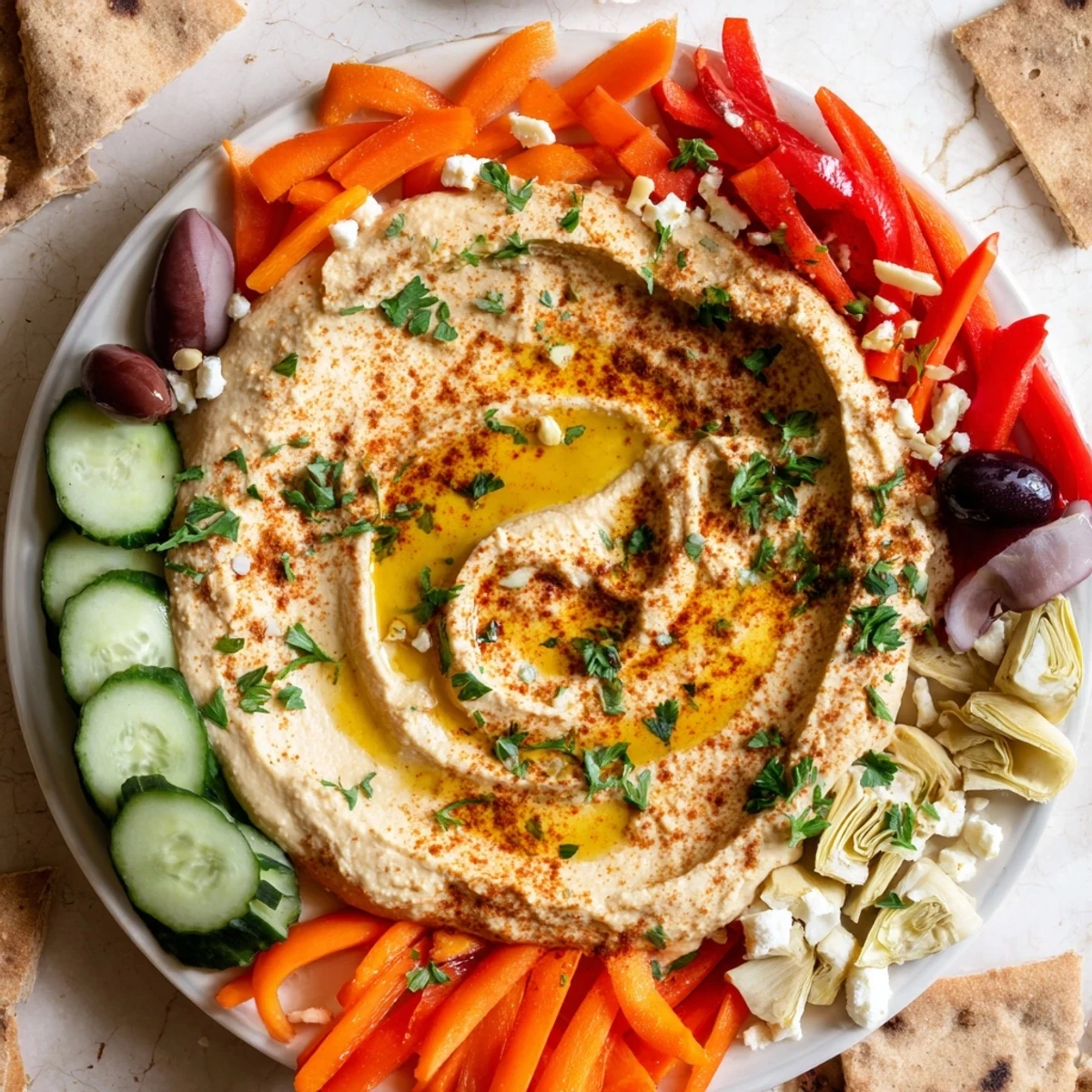 Close-up of Mediterranean Hummus Platter with kalamata olives, artichokes, and drizzled olive oil on top.