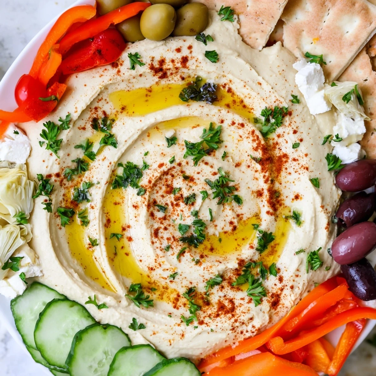 Colorful Mediterranean Hummus Platter arranged with crisp cucumbers, carrots, tomatoes, and feta for a party appetizer.