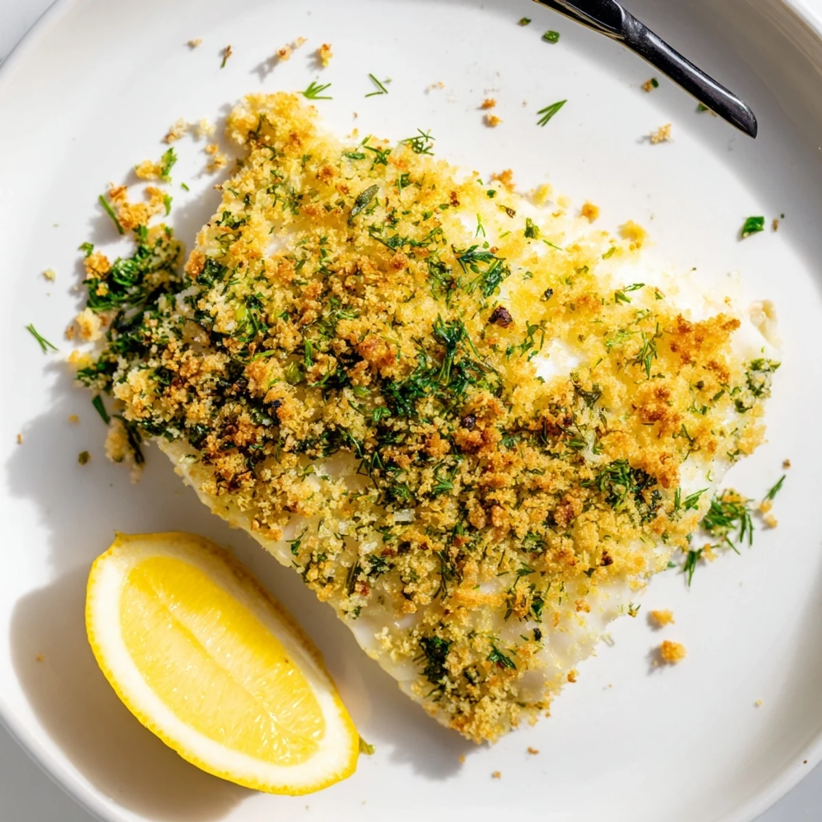 Golden-brown Baked Hake with Lemon and Herb Crust sits on a baking tray, garnished with fresh lemon wedges for serving.