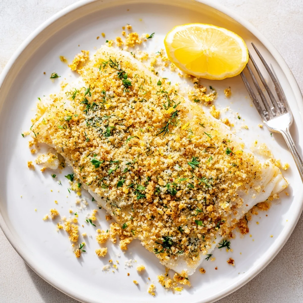 A close-up of Baked Hake with Lemon and Herb Crust, showcasing the flaky fish texture and vibrant green herbs.