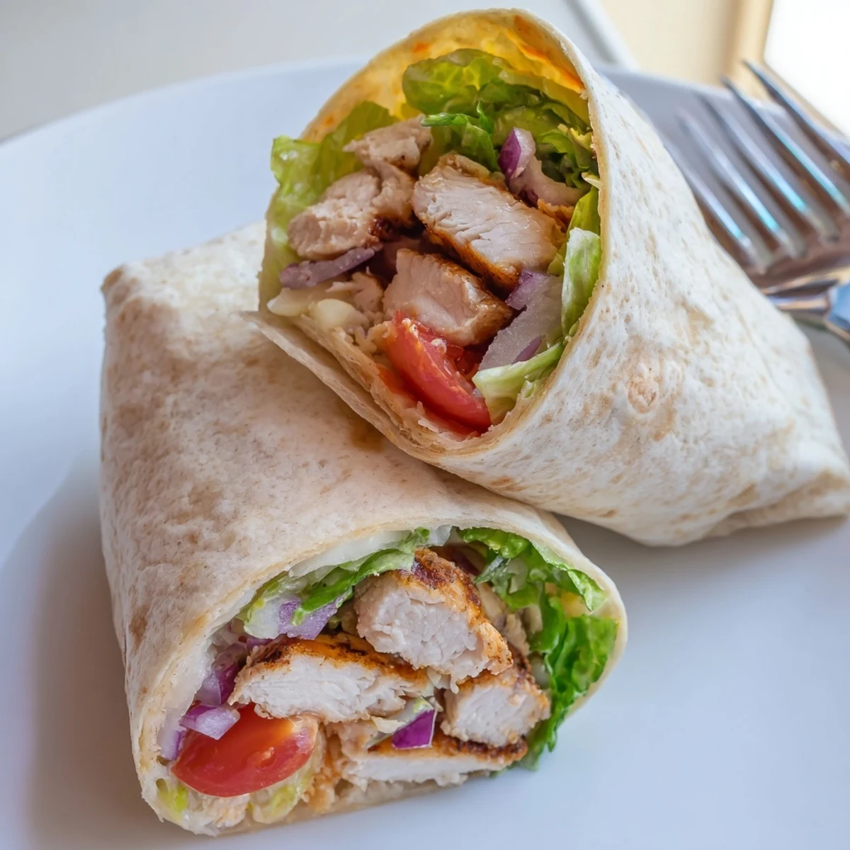 Portable Chicken Caesar Wrap wrapped in foil, perfect for a quick lunch, packed with hearty grilled chicken and crunchy romaine.