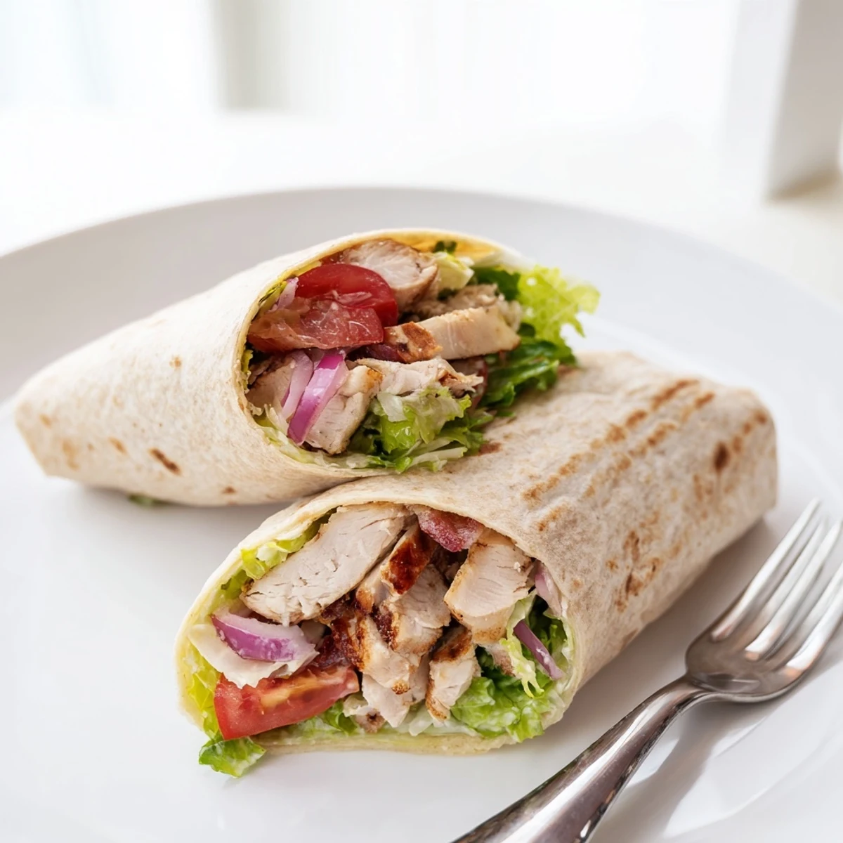 Freshly prepared Chicken Caesar Wrap on a wooden board, garnished with black pepper and served with a side of cherry tomatoes.