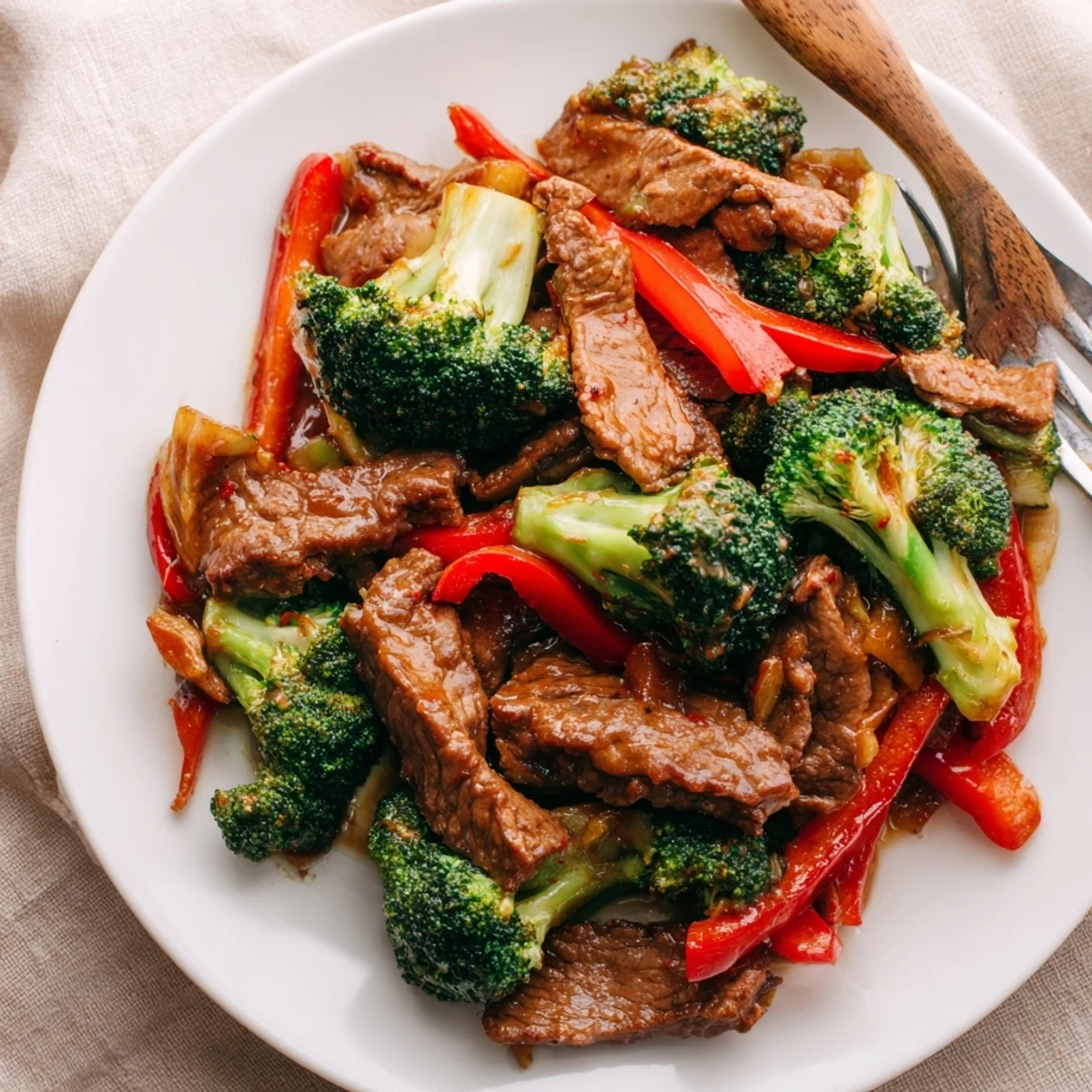 A close-up view of a steaming Beef and Broccoli Stir Fry with Garlic Sauce, ready to be served over fluffy white rice.